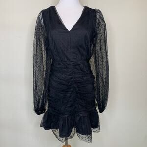 Black Shirred Swiss Dot Dress Sheer Long Sleeve Sz Large